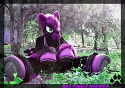 Size: 1280x908 | Tagged: safe, artist:ino89777, oc, oc only, oc:sky fancy hooves, coat markings, forest, fursuit, horse collar, irl, photo, ponysuit, sitting, solo, spread legs, spreading, text, underhoof