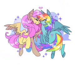 Size: 992x824 | Tagged: safe, artist:cutesykill, fluttershy, rainbow dash, pegasus, pony, g4, beanbrows, blush lines, blushing, cloud, colored wings, colored wingtips, dot eyebrows, duo, ear fluff, ear piercing, earring, eyebrows, eyes closed, female, flying, heart, jewelry, lesbian, mare, nuzzling, piercing, raised hoof, ship:flutterdash, shipping, simple background, smiling, sparkles, white background, wings