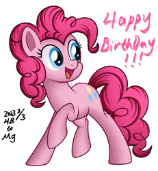 Size: 1090x1178 | Tagged: editor needed, safe, artist:mirrorcrescent, edit, pinkie pie, earth pony, pony, g4, birthday, cute, diapinkes, female, happy, mare, open mouth, raised hoof, simple background, smiling, solo, white background