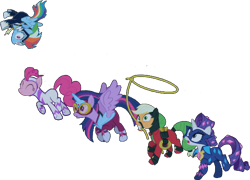 Size: 624x449 | Tagged: safe, artist:pascalmulokozi2, edit, edited screencap, screencap, applejack, fili-second, mistress marevelous, pinkie pie, radiance, rainbow dash, rarity, twilight sparkle, zapp, alicorn, earth pony, pegasus, pony, unicorn, g4, power ponies (episode), background removed, female, mare, masked matter-horn costume, not a vector, power ponies, simple background, transparent background, twilight sparkle (alicorn)