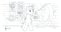 Size: 2310x1236 | Tagged: safe, artist:parclytaxel, oc, oc only, oc:parcly taxel, oc:spindle, alicorn, griffon, pony, windigo, ain't never had friends like us, albumin flask, alicorn oc, duo, eye contact, federico fellini, female, floating, food, horn, kunstmuseum zürich, levitation, lineart, looking at each other, looking at someone, macaron, magic, mare, monochrome, parcly taxel in europe, pencil drawing, smiling, story included, switzerland, telekinesis, traditional art, transparent flesh, windigo oc, wings, zürich