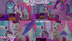 Size: 2000x1125 | Tagged: safe, edit, edited screencap, editor:quoterific, screencap, pipp petals, zipp storm, pegasus, pony, g5, have you seen this dragon?, my little pony: make your mark, my little pony: make your mark chapter 2, spoiler:my little pony: make your mark, spoiler:my little pony: make your mark chapter 2, spoiler:mymc02e08, adorazipp, cute, don't dead open inside, duo, duo female, female, flying, makeup, mane melody (location), pipp petals is not amused, pun, raised hoof, royal sisters (g5), sassy, siblings, sisters, unamused, zipp storm is not amused