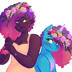 Size: 3300x3300 | Tagged: safe, artist:starsbursts, misty brightdawn, human, pony, unicorn, g5, blushing, bracelet, clothes, cornrows, cute, dark skin, dress, duo, female, floral head wreath, flower, high res, humanized, jewelry, lipstick, makeup, mare, markings, mistybetes, rebirth misty, self paradox, self ponidox, simple background, sundress, white background
