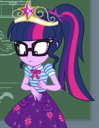 Size: 560x726 | Tagged: safe, edit, edited screencap, editor:incredibubbleirishguy, screencap, sci-twi, twilight sparkle, human, equestria girls, equestria girls specials, g4, my little pony equestria girls: better together, my little pony equestria girls: holidays unwrapped, the cider louse fools, big crown thingy, chalkboard, cropped, crown, element of magic, jewelry, regalia, solo