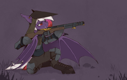 Size: 3619x2284 | Tagged: safe, artist:dorkmark, oc, oc only, oc:neuron dialect, bat pony, cyborg, pony, fanfic:iron hearts, armor, bipedal, clothes, crouching, ear piercing, earring, gun, high res, hood, jewelry, military uniform, piercing, prosthetic eye, prosthetics, smiling, sniper, solo, two toned mane, uniform, weapon
