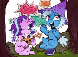 Size: 2200x1600 | Tagged: safe, artist:lound, starlight glimmer, trixie, pony, unicorn, g4, book, clothes, duo, duo female, female, grass, grin, guitar, hat, mare, music notes, musical instrument, one eye closed, open mouth, sitting, smiling, tree, trixie's hat