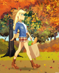 Size: 650x800 | Tagged: safe, artist:riouku, applejack, human, equestria girls, g4, autumn leaves, bag, baguette, bread, carrot, clothes, cute, female, food, jackabetes, leaves, legs, shoes, shopping bag, side view, smiling, solo, tree, walking