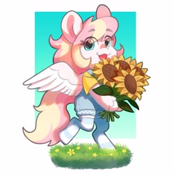 Size: 3000x3000 | Tagged: safe, artist:scarfurry, oc, oc only, oc:ninny, pegasus, semi-anthro, arm hooves, clothes, cute, eye clipping through hair, eyebrows, eyebrows visible through hair, female, flower, grass, high res, holding, looking at you, ocbetes, open mouth, open smile, smiling, smiling at you, socks, solo, spread wings, striped socks, sunflower, wings
