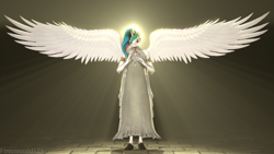 Size: 3840x2160 | Tagged: safe, artist:fireemerald123, princess celestia, alicorn, anthro, g4, 3d, 4k, clothes, dress, female, gold, high res, nimbus, realistic wings, solo, source filmmaker, spread wings, sæla, watermark, wings