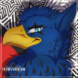 Size: 2000x2000 | Tagged: safe, artist:tai zuratan, oc, oc only, oc:eid, griffon, beak, bust, cheek fluff, chest fluff, eared griffon, griffon oc, high res, male, markings, portrait, spots