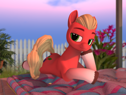 Size: 1600x1200 | Tagged: safe, screencap, sprout cloverleaf, earth pony, pony, open pony, g5, 3d, fence, flower, gradient hooves, hoof on chin, looking at you, lying down, male, second life, sky, solo, stallion, sunset