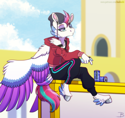 Size: 1600x1514 | Tagged: safe, artist:inuhoshi-to-darkpen, zipp storm, pegasus, anthro, unguligrade anthro, g5, alone, can, clothes, ear fluff, earbuds, female, hat, hoodie, jewelry, leg fluff, pants, phone, ring, sitting, solo, tail, tail feathers, unshorn fetlocks, zephyr heights