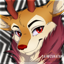 Size: 2000x2000 | Tagged: safe, artist:tai zuratan, oc, oc only, oc:wisteria evergreen, deer, antlers, bust, chest fluff, deer oc, high res, male, non-pony oc, portrait, red eyes, solo