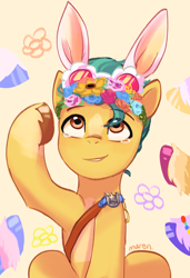 Size: 1688x2463 | Tagged: safe, artist:maren, hitch trailblazer, izzy moonbow, misty brightdawn, pipp petals, sunny starscout, zipp storm, earth pony, pony, g5, blaze (coat marking), bracelet, bunny ears, coat markings, cute, eye clipping through hair, eyebrows, eyebrows visible through hair, facial markings, floral head wreath, flower, flower glasses, friendship bracelet, high res, hitchbetes, jewelry, male, mane five, mane six (g5), offscreen character, sash, sheriff's badge, simple background, smiling, socks (coat markings), solo focus, stallion, sunglasses, tears of joy, teary eyes, unshorn fetlocks, yellow background