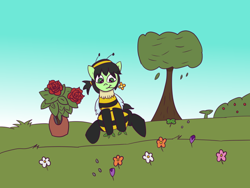 Size: 700x525 | Tagged: safe, artist:wanda, oc, oc only, oc:filly anon, pony, animal costume, bee costume, bush, clothes, costume, female, field, filly, flower, foal, solo, tree