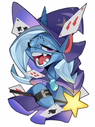 Size: 2000x2667 | Tagged: safe, artist:pipemare, trixie, pony, unicorn, g4, bust, cape, clothes, fangs, female, hat, high res, one eye closed, open mouth, playing card, simple background, solo, teeth, trixie's cape, trixie's hat, wand, watch, white background, wink