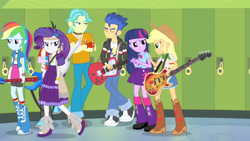 Size: 3072x1727 | Tagged: safe, screencap, applejack, flash sentry, rainbow dash, rarity, twilight sparkle, human, equestria girls, g4, my little pony equestria girls: rainbow rocks, applejack's hat, bass guitar, boots, clothes, cowboy boots, cowboy hat, crossed arms, cutie mark on clothes, eyes closed, female, frown, hairpin, hat, high heel boots, jacket, keytar, male, musical instrument, shoes