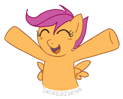 Size: 1007x815 | Tagged: safe, artist:incredisenn, scootaloo, pegasus, pony, g4, arms wide open, blushing, eyes closed, happy, open mouth, open smile, simple background, smiling, solo, spread wings, wave, white background, wings