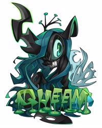 Size: 2000x2500 | Tagged: safe, artist:pipemare, queen chrysalis, changeling, changeling queen, g4, bust, female, gritted teeth, high res, simple background, solo, teeth, text, white background