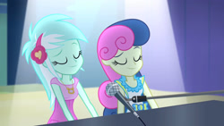 Size: 3072x1727 | Tagged: safe, screencap, bon bon, lyra heartstrings, sweetie drops, human, equestria girls, g4, my little pony equestria girls: rainbow rocks, duo, duo female, eyebrows, eyes closed, female, microphone, microphone stand, musical instrument, palindrome get, piano, raised eyebrow, smiling