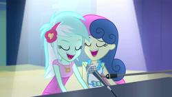 Size: 3072x1727 | Tagged: safe, screencap, bon bon, lyra heartstrings, sweetie drops, human, equestria girls, g4, my little pony equestria girls: rainbow rocks, duo, duo female, eyebrows, eyes closed, female, microphone, microphone stand, musical instrument, open mouth, open smile, piano, raised eyebrow, smiling