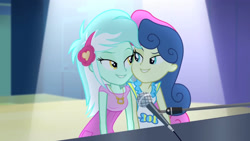 Size: 3072x1727 | Tagged: safe, screencap, bon bon, lyra heartstrings, sweetie drops, human, equestria girls, g4, my little pony equestria girls: rainbow rocks, duo, duo female, eyebrows, female, looking at each other, looking at someone, microphone, microphone stand, musical instrument, piano, raised eyebrow, smiling, smiling at each other