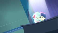 Size: 3072x1727 | Tagged: safe, screencap, bon bon, lyra heartstrings, sweetie drops, human, equestria girls, g4, my little pony equestria girls: rainbow rocks, duo, duo female, eyebrows, female, looking at each other, looking at someone, musical instrument, piano, raised eyebrow, smiling, smiling at each other