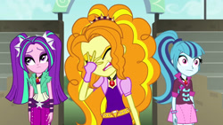 Size: 3072x1727 | Tagged: safe, screencap, adagio dazzle, aria blaze, sonata dusk, human, equestria girls, g4, my little pony equestria girls: rainbow rocks, eyes closed, facepalm, female, frown, open mouth, starenata, the dazzlings, trio, trio female