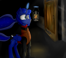 Size: 3300x2900 | Tagged: safe, artist:desperius, princess luna, alicorn, pony, g4, amnesia: the dark descent, clothes, crossover, dark background, eyebrows, eyebrows visible through hair, female, folded wings, frown, glowing, glowing horn, high res, horn, lantern, magic, magic aura, mare, shirt, solo, telekinesis, vest, video game crossover, wings