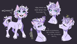 Size: 3300x1900 | Tagged: safe, artist:eeelt, oc, pony, unicorn, bust, chest fluff, dark background, female, horn, jewelry, leg fluff, magic, offspring, parent:prince blueblood, parent:twilight sparkle, parents:twiblood, rag, short mane, simple background, solo, sparkles, tiara, unicorn oc