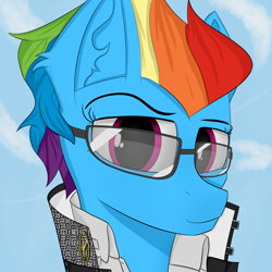 Size: 3000x3000 | Tagged: safe, artist:desperius, rainbow dash, pegasus, pony, g4, alternate hairstyle, clothes, crossover, glasses, high res, jacket, persona, persona 4, shirt, simple background, solo, video game crossover