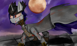 Size: 3500x2100 | Tagged: safe, artist:desperius, pony, unicorn, blood, blood moon, bloodborne, clothes, crossover, high res, moon, simple background, sky background, video game crossover