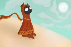 Size: 3000x2000 | Tagged: safe, artist:desperius, earth pony, pony, clothes, crossover, high res, journey, robe, sand, scarf, sky background, solo, sun, video game crossover