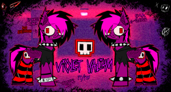 Size: 1220x660 | Tagged: safe, artist:xxv4mp_g4z3rxx, oc, oc only, oc:violet valium, bat pony, pony, bags under eyes, bat pony oc, bat wings, clothes, collar, ear piercing, emo, eyeliner, fangs, folded wings, gauges, hospital band, makeup, nonbinary, piercing, pronouns, red eyes, reference sheet, scar, self harm, self harm scars, socks, solo, spiked collar, spiked wristband, tail, text, two toned mane, two toned tail, wings, wristband
