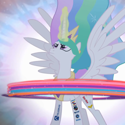 Size: 1080x1080 | Tagged: safe, edit, edited screencap, screencap, princess celestia, alicorn, pony, g4, princess twilight sparkle (episode), season 4, brasilsat, brazilian air force, brazilian space agency, castle, castle of the royal pony sisters, element of generosity, element of honesty, element of kindness, element of laughter, element of loyalty, element of magic, elements of harmony, embratel, female, flashback, globosat, glowing, magic, mare, organizações globo, rede globo, rocketia, solo, spread wings, telebras, wings