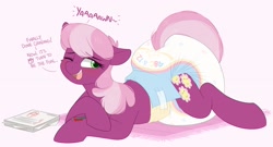 Size: 2900x1571 | Tagged: safe, artist:shuphle, cheerilee, earth pony, pony, g4, adult foal, blushing, carpet, cheeribetes, cute, diaper, diaper fetish, eyebrows, eyebrows visible through hair, female, fetish, high res, impossibly large diaper, lying down, non-baby in diaper, one eye closed, open mouth, open smile, pen, poofy diaper, prone, simple background, smiling, solo, sploot, tired, white background, yawn