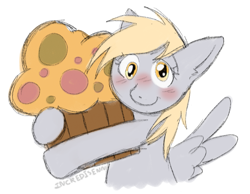 Size: 1117x867 | Tagged: safe, artist:incredisenn, derpy hooves, pegasus, pony, g4, blushing, colored, cross-eyed, derp, food, giant food, hug, muffin, simple background, sketch, smiling, solo, white background