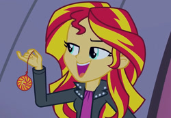 Size: 1551x1076 | Tagged: safe, artist:paco777yuyu, edit, edited screencap, screencap, sunset shimmer, human, equestria girls, g4, my little pony equestria girls: rainbow rocks, cute, dreamworks face, female, food, hypnosis, hypnotic, hypnotist, open mouth, open smile, pendulum swing, smiling, solo, sunset
