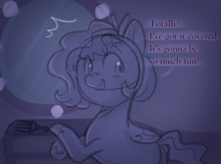 Size: 904x671 | Tagged: safe, anonymous artist, pipp petals, pegasus, pony, series:misty pov, g5, brush, chubby, comb, diadem, dialogue, eye clipping through hair, female, hairbrush, implied misty brightdawn, limited palette, mane melody (location), mare, mirror, offscreen character, solo, unshorn fetlocks