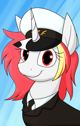 Size: 1461x2292 | Tagged: safe, artist:moonatik, oc, oc only, oc:lazy saturday, pony, unicorn, equestria at war mod, admiral, bust, female, hat, horn, mare, necktie, peaked cap, portrait, solo, unicorn oc