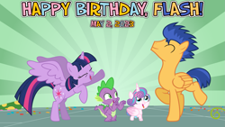 Size: 2063x1161 | Tagged: safe, artist:not-yet-a-brony, flash sentry, princess flurry heart, spike, twilight sparkle, alicorn, dragon, pegasus, pony, g4, 2023, aunt and niece, birthday, dancing, friends, friendship, happy birthday, honorary uncle, it's alright, lyrics in the description, male, may, party, song in the description, song reference, stallion, twilight sparkle (alicorn), vincent tong, voice actor reference, winged spike, wings, youtube link in the description