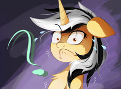 Size: 1552x1143 | Tagged: safe, artist:行豹cheetahspeed, oc, oc only, oc:autumn trace, pony, unicorn, black and white mane, facial expressions, horn, orange eyes, purple background, question mark, shocked, yellow skin