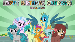 Size: 2064x1161 | Tagged: safe, artist:not-yet-a-brony, gallus, ocellus, sandbar, silverstream, smolder, swift foot, yona, changeling, dragon, earth pony, griffon, hippogriff, pony, thracian, yak, g4, 2023, birthday, friends, friendship, happy birthday, it's alright, lyrics in the description, may, party, song in the description, song reference, student six, vincent tong, voice actor reference, youtube link in the description