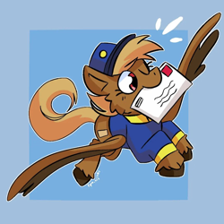 Size: 1080x1080 | Tagged: safe, artist:pyro_hijinks, swift reply, pegasus, pony, g4, blue background, clothes, female, flying, hat, letter, mare, mouth hold, red eyes, signature, simple background, spread wings, uniform, wings