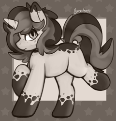 Size: 1001x1042 | Tagged: safe, artist:llametsul, oc, oc only, oc:creme cookie, pony, unicorn, female, mare, monochrome, signature, solo