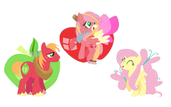 Size: 1293x813 | Tagged: safe, artist:cskazumi, artist:selenaede, big macintosh, fluttershy, oc, oc:butterfly apple, earth pony, pegasus, pony, g4, bandana, base used, colored muzzle, colored wings, daughter, family, female, male, mare, offspring, open mouth, parent:big macintosh, parent:fluttershy, parents:fluttermac, pegasus oc, ship:fluttermac, shipping, signature, simple background, smiling, stallion, straight, transparent background, wings