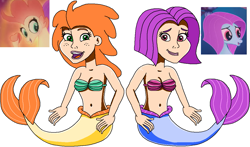 Size: 1167x685 | Tagged: safe, artist:ocean lover, haven bay, salina blue, human, mermaid, seapony (g4), g4, my little pony: the movie, bare shoulders, belly button, bra, duo, duo female, female, fins, fish tail, freckles, green eyes, human coloration, humanized, lips, lipstick, looking at each other, looking at someone, mermaid tail, mermaidized, mermay, midriff, open mouth, orange hair, purple eyes, reference used, screencap reference, seashell, seashell bra, short hair, simple background, smiling, species swap, tail, tail fin, white background