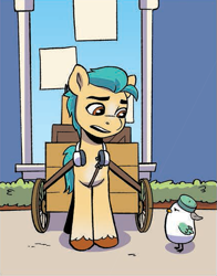 Size: 431x550 | Tagged: safe, idw, official comic, hitch trailblazer, kenneth, bird, earth pony, pony, g5, spoiler:comic, spoiler:g5comic, spoiler:g5comic07, cart, duo, headphones, kenneth is not amused, male, stallion, unamused