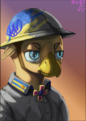 Size: 2296x3228 | Tagged: safe, artist:zlatdesign, derpibooru exclusive, oc, oc only, oc:oleksander clawkiv, griffon, bust, clothes, cossack cross, cyrillic, gradient background, griffon oc, helmet, high res, military pony, military uniform, painted, portrait, solo, ukraine, ukrainian, uniform