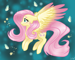 Size: 2000x1600 | Tagged: safe, artist:lostsheep, fluttershy, butterfly, pegasus, pony, g4, colored wings, cute, female, floppy ears, flower, flying, gradient wings, mare, shyabetes, solo, sparkles, wings